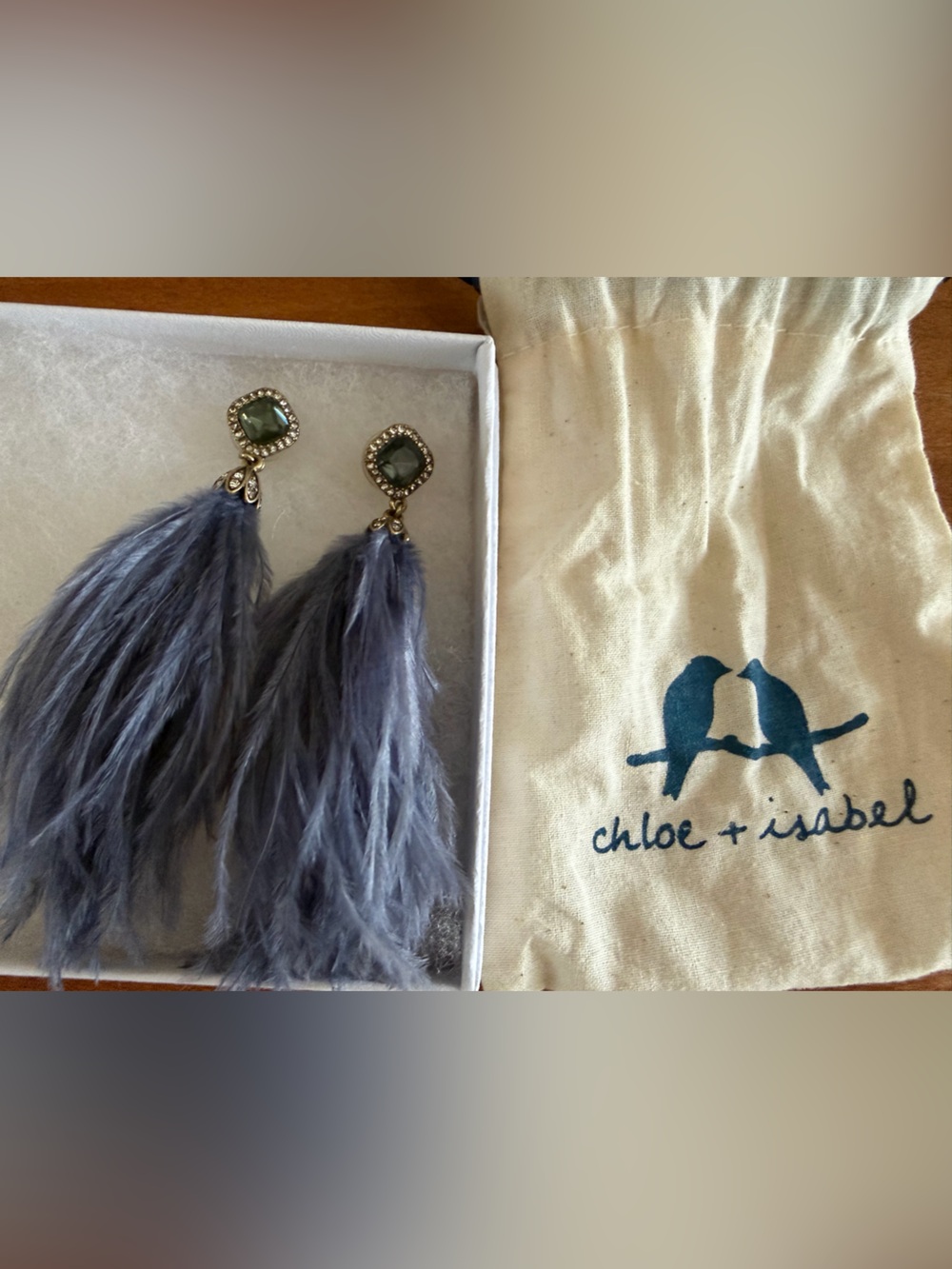 Chloe + Isabel Periwinkle Feather Earrings with Green Gem